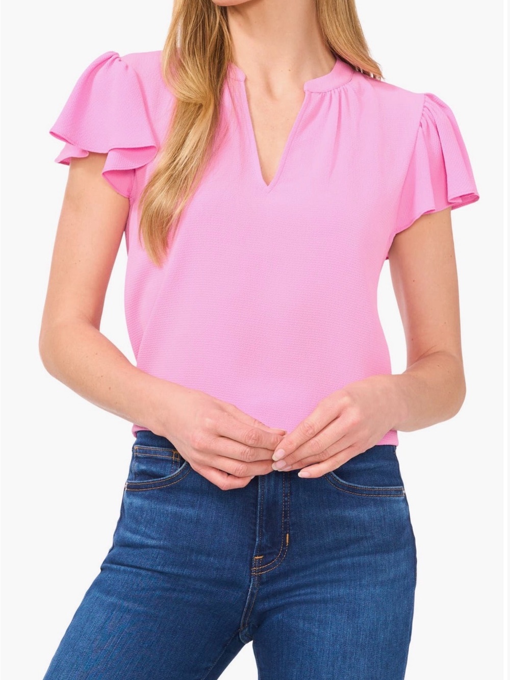 Cece Flutter-Sleeve V-Neck Top in Pink